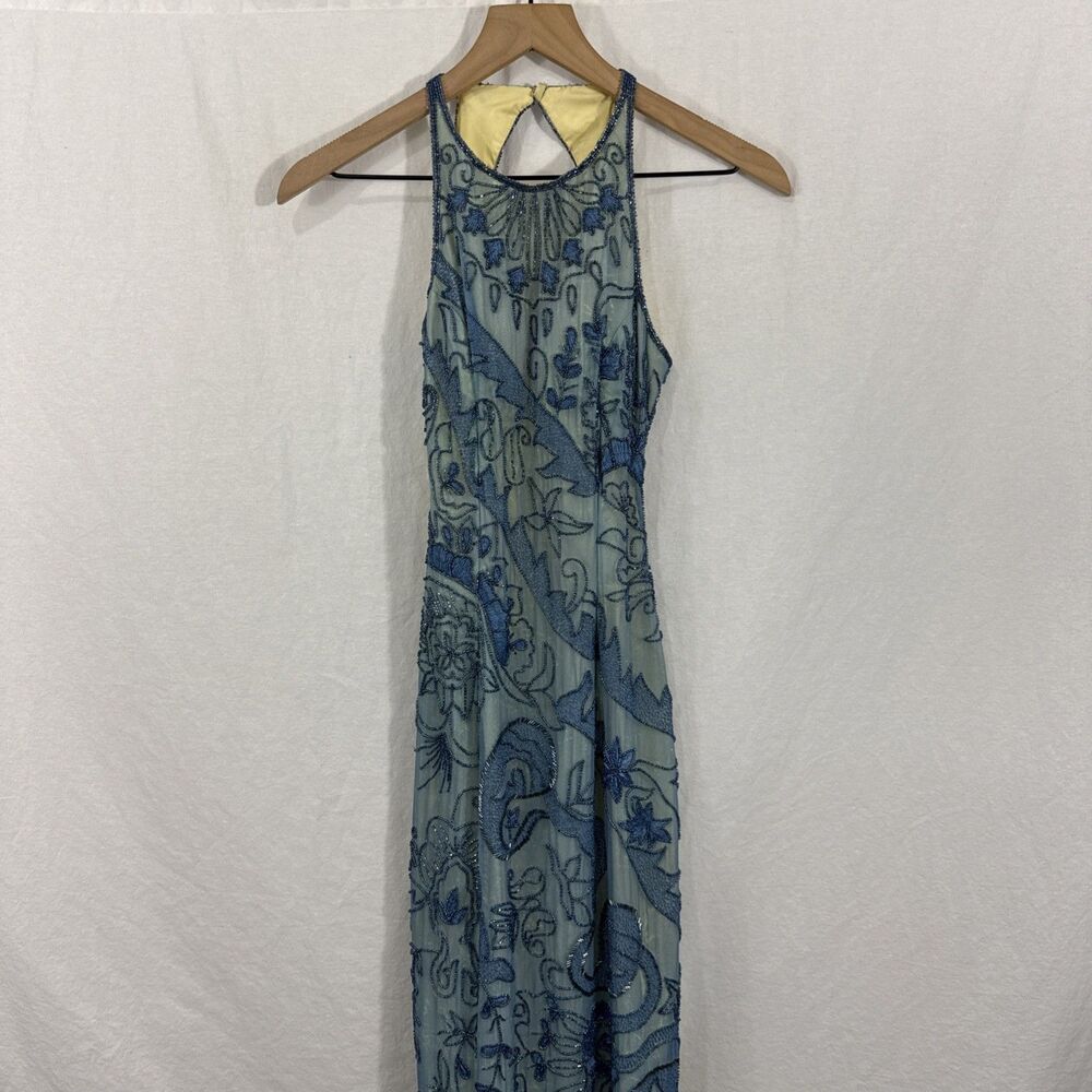 Andretta Donatello Y2K Silk Beaded Blue Open Back Formal Dress Womens Sz XXS